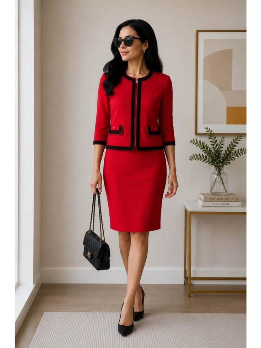 St John Collection Jacket and Skirt Red Black 2/4 Santana Knit